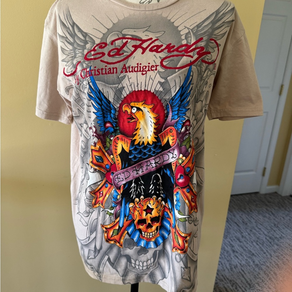 Ed Hardy mens Y2K Beige Graphic Tee rare find size L